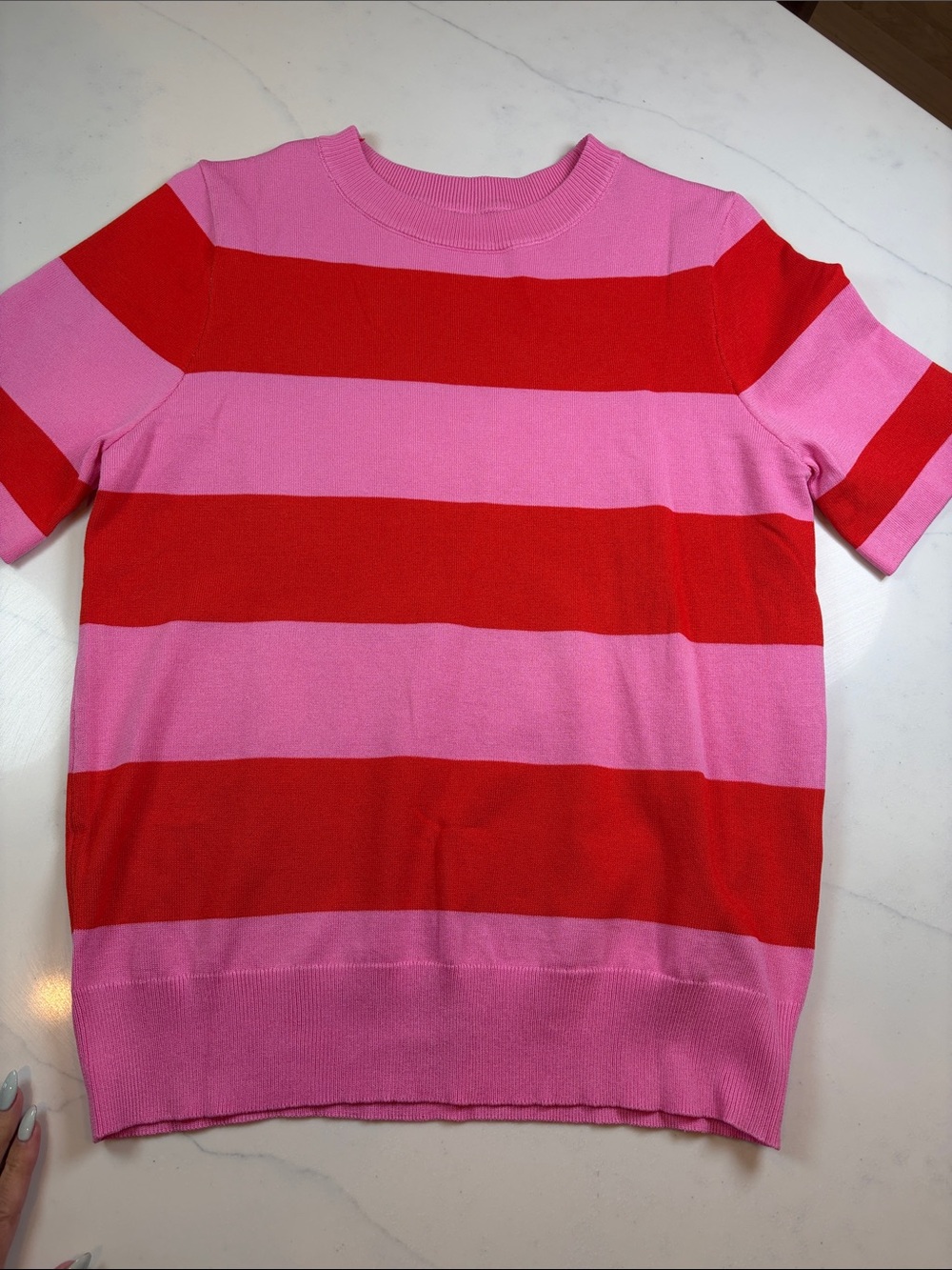 Bold Pink and Red Striped Short Sleeve Sweater